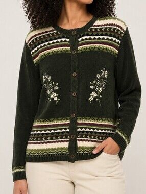 Vintage MAT Fair Isle Embroidered Cardigan Green Wool Blend Nordic Sweater M